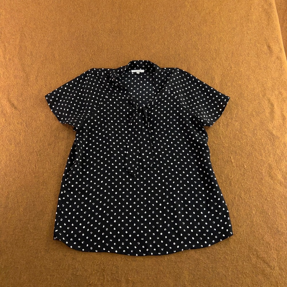 Pleione Womens Medium Black Polka Dot Tie Neck Short Sleeve Blouse New